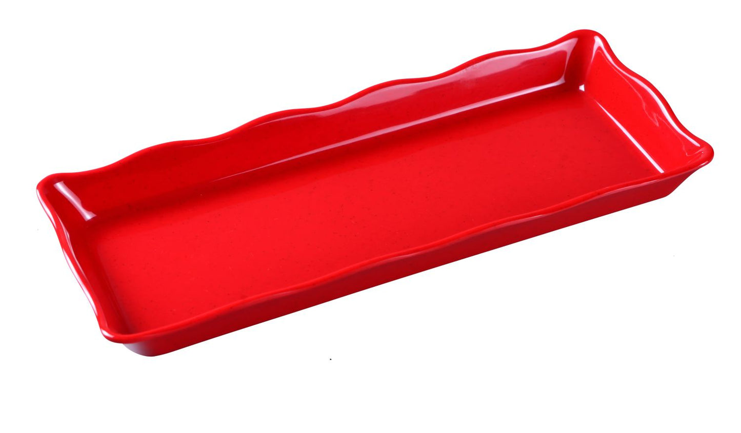 Yanco Scallop Edged Display Tray DC-6014R 6/Pcs Ideal for serving hot or cold appetizers, slices of bread, desserts, and other food for the entire table. Made from melamine material, it is popular for being reliable and having an unbreakable structure. The stylish Deli collection has a distinctive appearance featuring dinnerware With a glossy finish. It can be used in restaurants and catered events, outdoor dining areas, diners and cafes, and even hotels and poolside parties.
