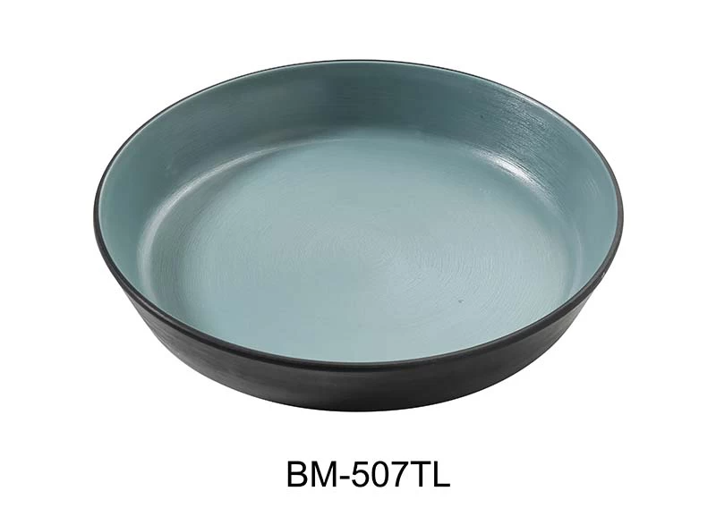 Yanco Deep Dish BM-507TL designed for both beauty and functionality. Made from resilient melamine, it features a sleek gray exterior contrasted by a vibrant teal interior, creating a stylish visual appeal. With a generous 16-ounce capacity, it’s perfect for serving hearty salads, sides, or desserts. This dish seamlessly blends modern aesthetics with everyday practicality, making it a versatile addition to any dining setting.