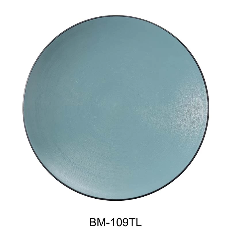 Yanco Round Plate BM-109TL showcases a sleek gray color with eye-catching teal accents, giving it a modern and stylish look. The melamine construction makes it lightweight yet resistant to chipping and breaking, making it suitable for everyday use, both indoors and outdoors. Its generous size is perfect for serving meals or appetizers, while the vibrant color combination adds a pop of personality to any table setting.