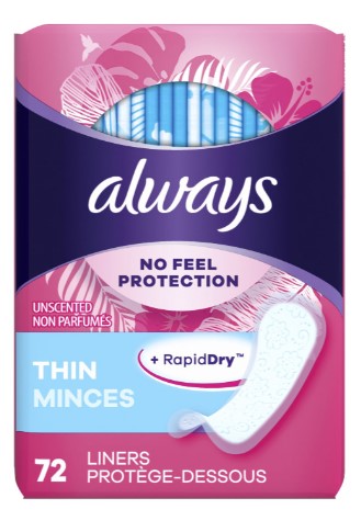 Always Thin Daily Liners, Regular Unscented, breathable and dry, 72 count pack.