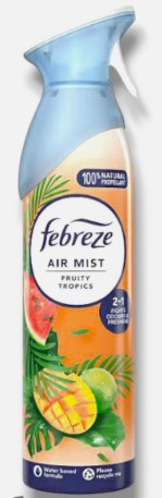 Febreze Fruity Tropics air freshener spray, 185 ml, eliminates odors and leaves a long-lasting fresh, fruity tropical scent.