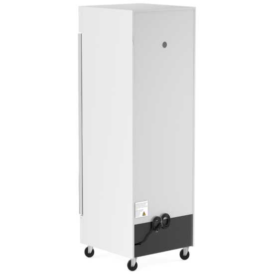 Coldline D12-W-L 27-inch left-hinged white glass door merchandiser freezer with LED lighting. This unit features a single left-hinged glass door for easy access and visibility of frozen products. The sleek white exterior and glass door design are ideal for retail and foodservice environments, providing a modern look and efficient storage. The integrated LED lighting illuminates the interior, enhancing product presentation with bright and even light. This freezer is perfect for showcasing frozen goods while