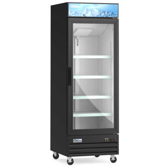 Coldline D30-B 31-inch glass door merchandiser freezer with LED lighting and a black exterior. This unit features a single glass door that offers clear visibility and easy access to frozen products, making it ideal for retail and foodservice environments. The LED lighting inside provides bright and even illumination, enhancing the display of merchandise. The sleek black finish complements modern commercial spaces, while the freezer design ensures efficient storage and visibility of frozen goods, making it a