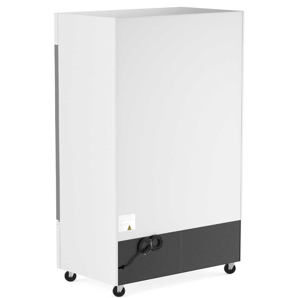 Coldline G53-W 53-inch double glass swing door merchandiser refrigerator with LED lighting and a white exterior. This refrigerator features double swing glass doors for easy access and enhanced product visibility, making it perfect for showcasing and organizing merchandise in retail environments. The LED lighting provides bright, even illumination to highlight products, while the clean white finish offers a modern and professional appearance for any commercial setting.