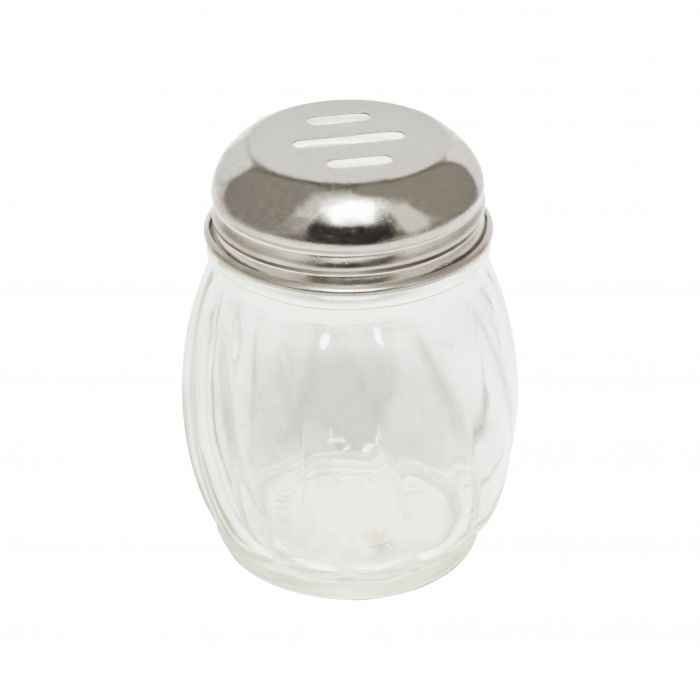 Thunder Group Slotted Swirl Cheese Shaker 12/Pcs delivers a perfect blend of style and functionality, making it an excellent addition to restaurants, hotels, and catering setups. With a 6 oz capacity and a compact 2 3/4" diameter x 3 1/2" height, this shaker features a clear, durable glass body paired with a stainless steel cap for long-lasting use. The slotted swirl top ensures smooth, controlled dispensing, whether you're serving grated cheese, spices, or cocoa powder.