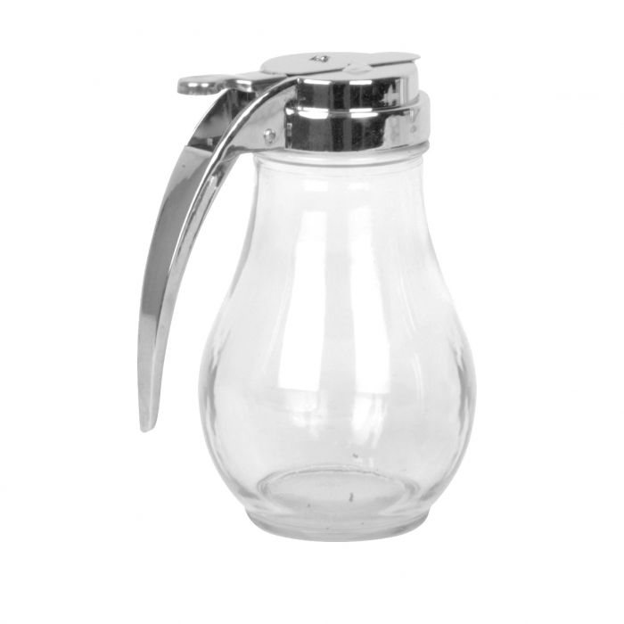 Thunder Group Syrup Dispenser 12/Pcs adds a classic, polished touch to breakfast and dessert service in any hotel, restaurant, or catering setting. With a 14 oz capacity and dimensions of 3 3/8" diameter by 5 7/8" height, it’s perfectly sized for tabletop use. The clear glass body offers effortless content visibility, while the sturdy cast zinc cap provides smooth, controlled pouring to minimize mess.