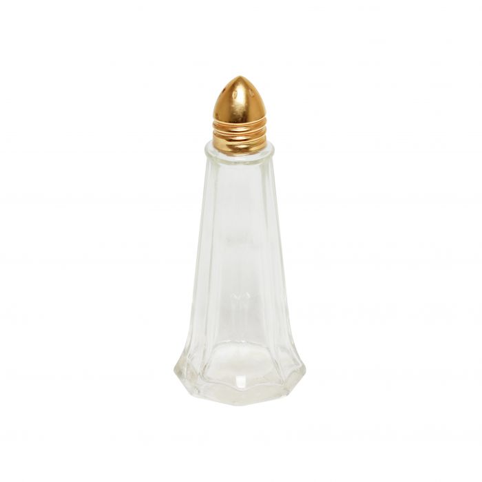 Thunder Group Tower Shaker is a refined solution for dispensing salt, pepper, and fine spices with precision and style. Featuring a 1 oz clear glass body and a sleek golden cap designed with 1.5mm holes for controlled seasoning, this shaker blends elegance with practicality. Measuring 1 7/8" in diameter and 4 3/8" in height, it fits seamlessly into upscale dining environments such as hotels, restaurants, and catered events.