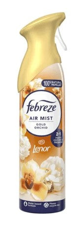 Febreze Air Freshener Spray in Gold Orchid scent, 185 ml bottle for eliminating odors and freshening rooms.
