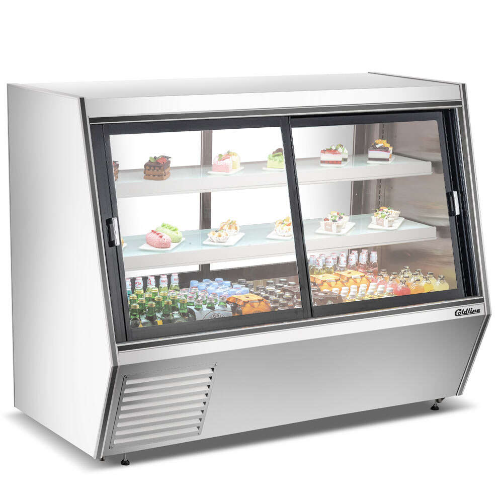 Coldline HDL72-DS 72-inch dual-service refrigerated high meat deli case with rear storage, featuring front and rear sliding glass doors for convenient access and attractive product display in commercial environments.