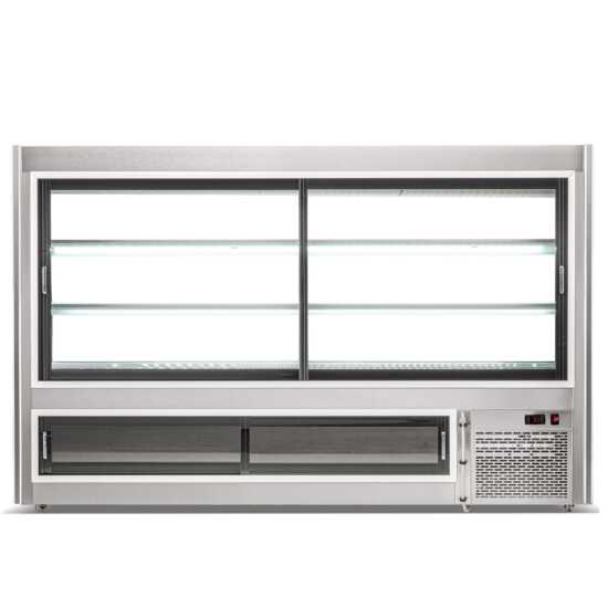 84-inch refrigerated deli case with slanted glass for optimal product visibility and rear storage for convenient restocking. Ideal for displaying and keeping meat products fresh in retail environments.