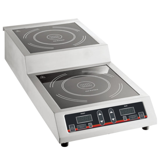 Cookline IC-3600S Double Countertop Step-Up Induction Range/Cooker, featuring two induction burners with a sleek stainless steel design, a step-up configuration for convenient access to both burners, and an energy-efficient 3600W output, ideal for professional kitchens. Powered by 208-240V for reliable and consistent cooking performance.