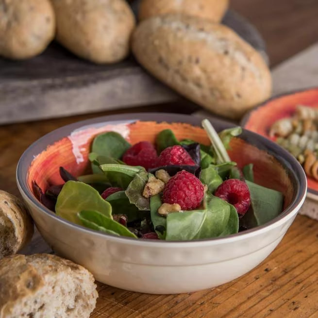 17 oz Fireball Melamine Small Bowl with rustic pottery design, faux glazed edge, and durable construction. Ideal for restaurants, catering, and home dining.