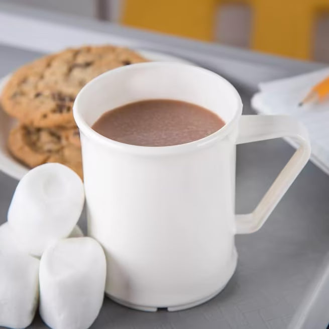 9.6 oz White Polycarbonate Handled Mug with scratch resistant surface and break resistant construction. Ideal for coffee, tea, hot beverages, restaurants, cafeterias, and commercial foodservice.