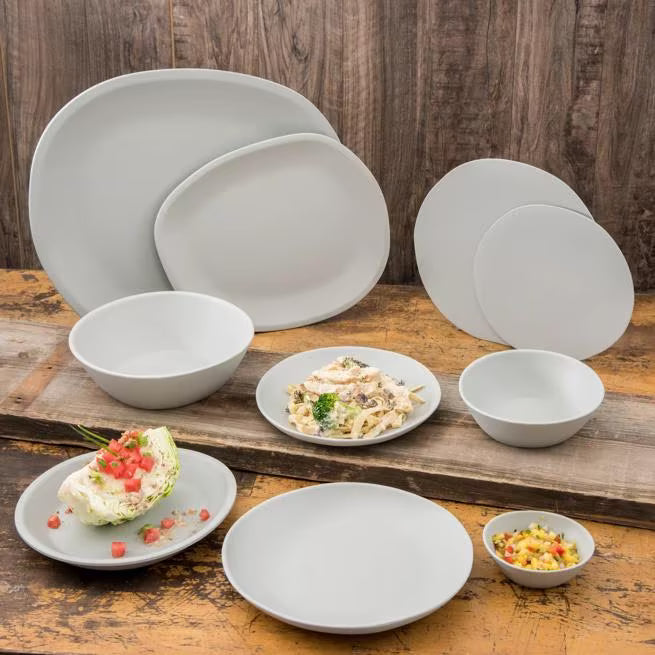 18 Inch Cement Ridge Melamine Oblong Platter with a premium matte finish and shatter resistant construction. Ideal for restaurants, catering, buffets, banquet service, and elegant food presentations.