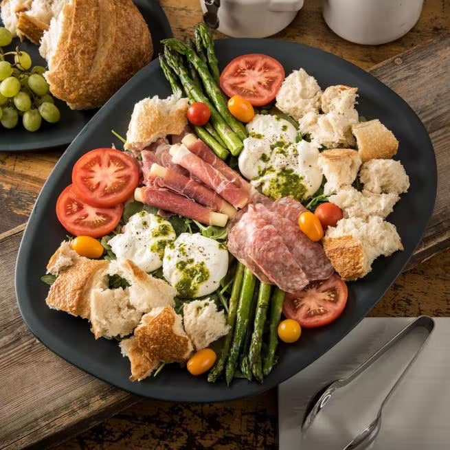 18 Inch Slate Ridge Melamine Oblong Platter with a premium matte finish and shatter resistant construction. Ideal for restaurants, catering, buffets, banquet service, and elegant food presentations.