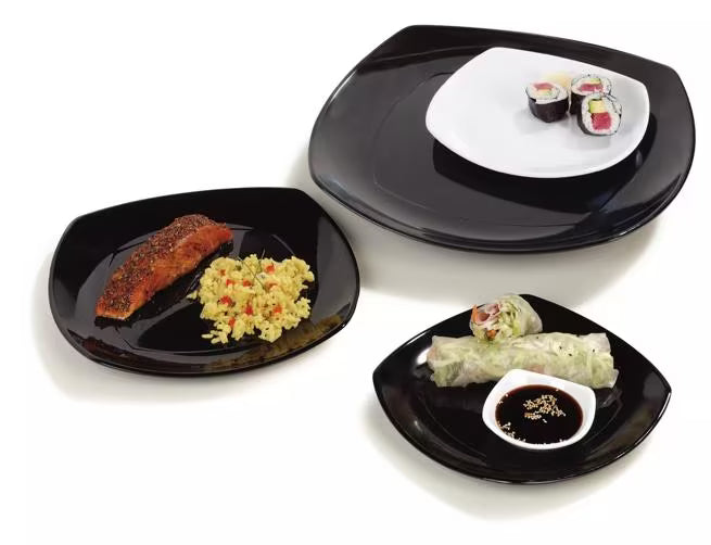 7.75 Inch Black Melamine Upturned Corner Small Square Plate with commercial grade durability, shatter resistant construction and a modern square design. Perfect for salads, appetizers, egg rolls, spring rolls and desserts.