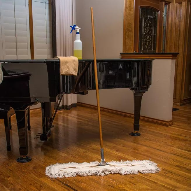 60 Inch Tan Dust Mop Handle with a flexible polyurethane connector, clip-on attachment and 360 degree swivel action. Designed for efficient commercial floor cleaning and compatible with most dust mop frames.