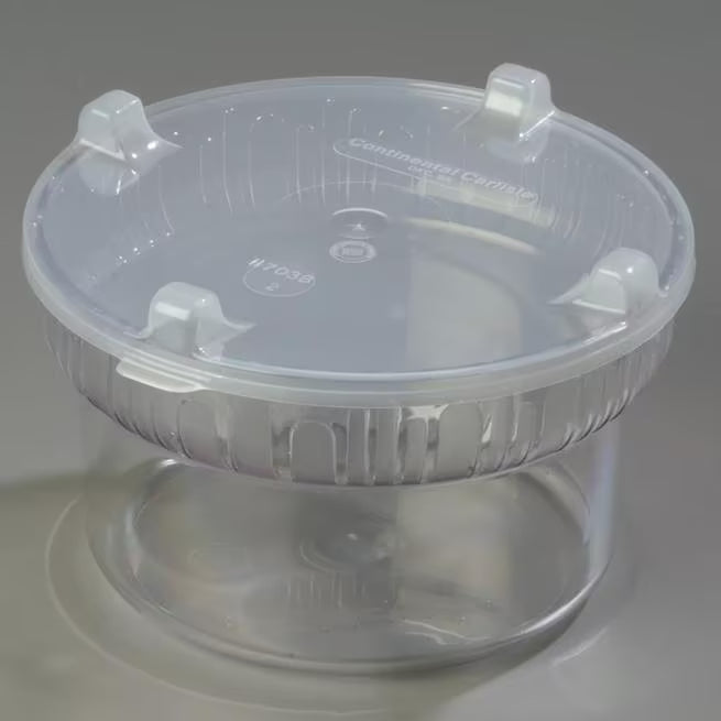 Present and serve foods with the Clear Gourmet Crock with Lid 703907. Featuring durable polycarbonate construction, a deep crock base, frosted rim pattern and translucent snap on lid, it is ideal for buffets, salad bars and commercial foodservice.