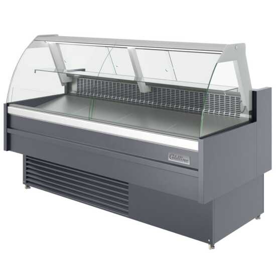 The Coldline SDC72 is a 72-inch refrigerated curved glass meat deli case with rear storage, ideal for displaying fresh meats while offering convenient rear access for additional storage and inventory management.
