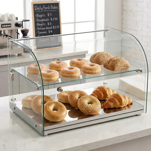 Countertop bakery display case, model Marchia CA45, with clear glass panels and multiple interior shelves for showcasing pastries, cakes, bread, and baked goods. Compact commercial display unit designed for cafes, bakeries, and food counters, offering visibility and organized presentation.