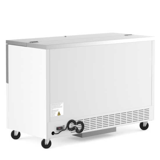 Coldline MC58 58-inch white school milk cooler, ideal for keeping milk and beverages cold in a school or cafeteria setting. The unit features easy access, efficient cooling, and ample storage.