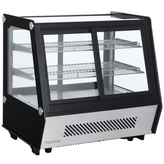 Marchia MDCC125 28" Pass-through Countertop Refrigerated Bakery Display Case with LED lighting. Features a convenient pass-through design for easy access, ideal for cooling and showcasing baked goods.