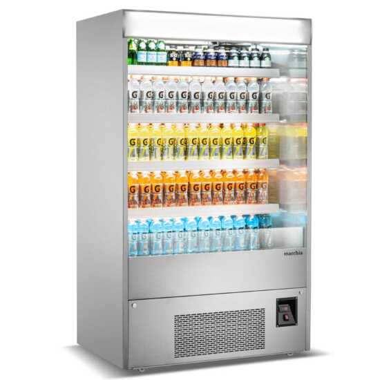 The Marchia MDS48 48" open air cooler grab-and-go refrigerator features a spacious design with adjustable shelves, energy-efficient LED lighting, and easy access for displaying chilled products in a retail setting.