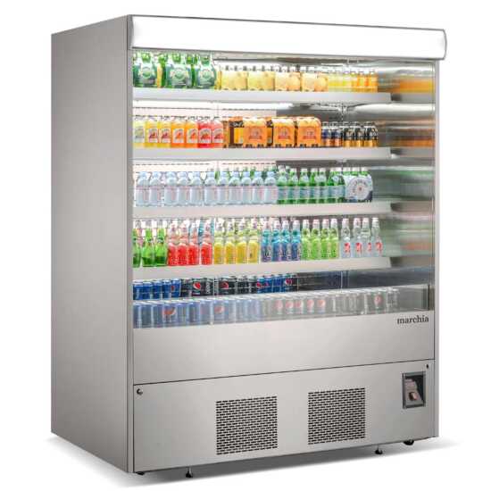 The Marchia MDS72 72" open air cooler grab-and-go refrigerator, operating on 220V, features a large design with adjustable shelves, energy-efficient LED lighting, and easy access for showcasing chilled products.
