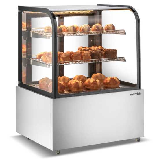 Marchia MH36 36" Curved Glass Heated Display Warming Case with stainless steel finish. Features a sleek curved glass front for an attractive, easy-to-access display of warm foods.