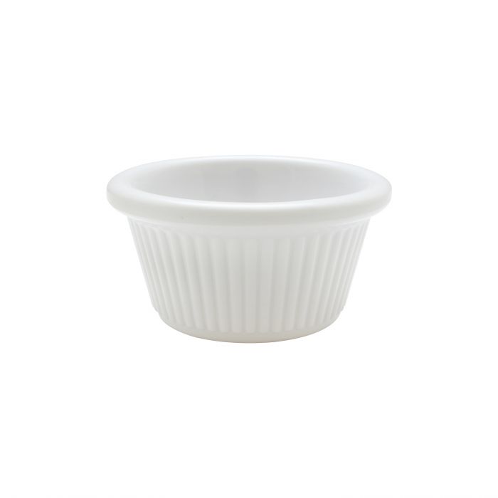 Thunder Group Fluted Ramekin 12/Pcs is a small ceramic-like bowl that will be perfect for serving various dishes. Made from durable melamine such ramekin can withstand long-time use and is effortless in maintenance. Due to its stain-proof abilities, you can serve different acidic sauces, and it would not change its white color. It is also scratch-resistant with smooth on the inside easy-to-clean surface.