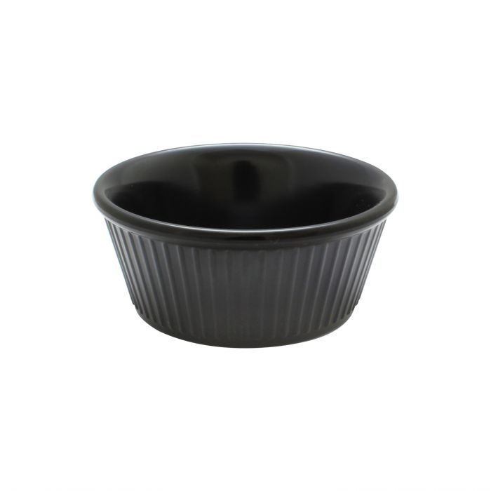 Thunder Group Fluted Ramekin 12/Pcs is a small ceramic-like bowl that will be perfect for serving various dishes. Made from durable melamine such ramekin can withstand long-time use and is effortless in maintenance. Due to its stain-proof abilities, you can serve different acidic sauces, and it would not change its vibrant black color. It is also scratch-resistant with smooth on the inside easy-to-clean surface.