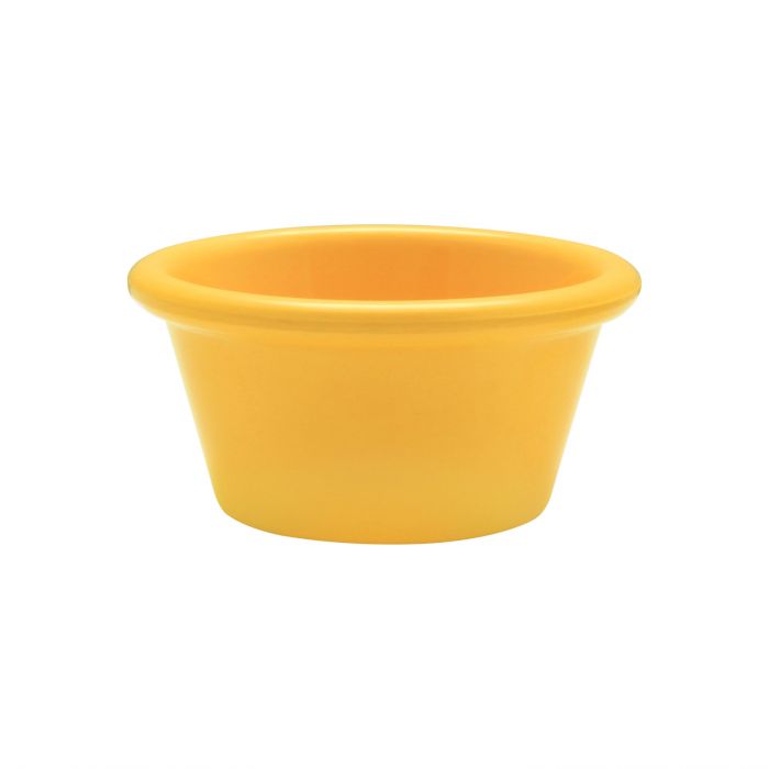 Thunder Group Smooth Ramekin 12/Pcs is a small ceramic-like bowl that will be perfect for serving various dishes. Such flat 2 1/2 Oz ramekin can be used for serving individual portions of sauces, dips, ice cream, side garnishes, and condiments. Made from durable scratch-resistant melamine this heavy duty 2 7/8-inch yellow ramekin has a thick solid structure that can withstand long-time use and is effortless in maintenance. Due to its stain-proof abilities, you can serve different acidic sauces, and it would