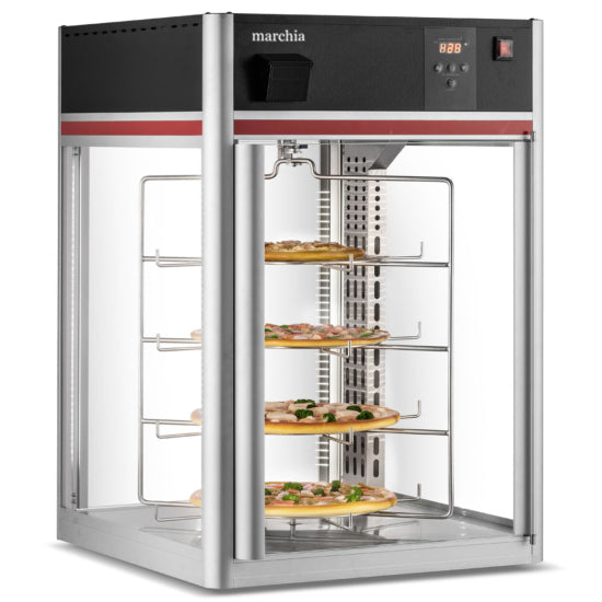 Marchia MPC158 22-inch Countertop Full-Service Pizza Warmer with 4-Shelf Rotating Rack. Features a compact design, rotating shelves for even warming, glass display for visibility, and adjustable temperature control. Ideal for pizzas and hot snacks in foodservice.