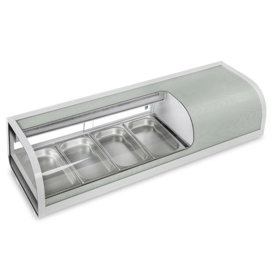Marchia MSU140S 46-inch Refrigerated 4-Pan Sushi Display Case, Silver. Features a sleek silver design, curved glass front, and efficient refrigeration to keep sushi fresh. Includes 4 pans for organized display, ideal for restaurants, cafes, and sushi bars.