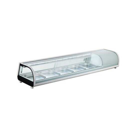 Marchia MSU170S 71" Refrigerated 5-Pan Sushi Display Case, Silver, designed for keeping sushi and sashimi fresh and beautifully displayed in restaurants, sushi bars, and catering services.