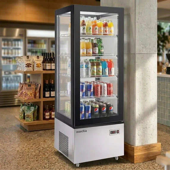 MVS500 Vertical Standing Refrigerated Cake Display Case in stainless steel. Features a modern design for showcasing and keeping cakes and desserts fresh with efficient refrigeration.