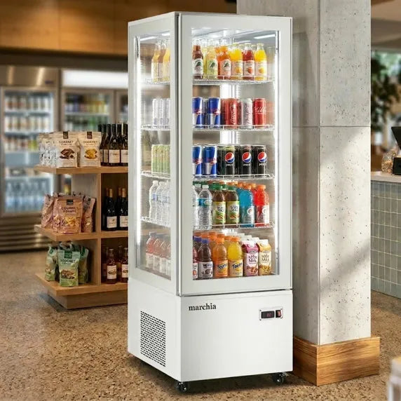 Marchia MVS500-W Vertical Standing Refrigerated Cake Display Case in white. Features a sleek design for showcasing and preserving cakes and desserts with efficient cooling.