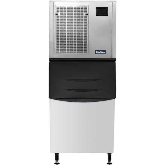Coldline NU550 22-inch commercial nugget ice machine with a 275-lb bin, designed for high-volume use in restaurants and bars. It produces up to 550 lbs of granular nugget ice daily, ensuring a steady supply for busy operations.