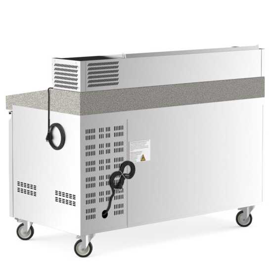 Coldline PDR-60-SS 60-inch refrigerated pizza prep table with a refrigerated stainless topping rail. Ideal for pizzerias, this table keeps ingredients fresh and accessible while offering a durable prep surface.