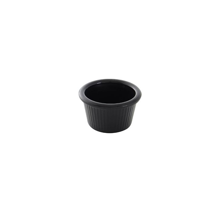 Thunder Group Fluted Ramekin 12/Pcs is a small ceramic-like bowl that will be perfect for serving various dishes. Made from durable melamine such ramekin can withstand long-time use and is effortless in maintenance. Due to its stain-proof abilities, you can serve different acidic sauces, and it would not change its deep black color. It is also scratch-resistant with smooth on the inside easy-to-clean surface.