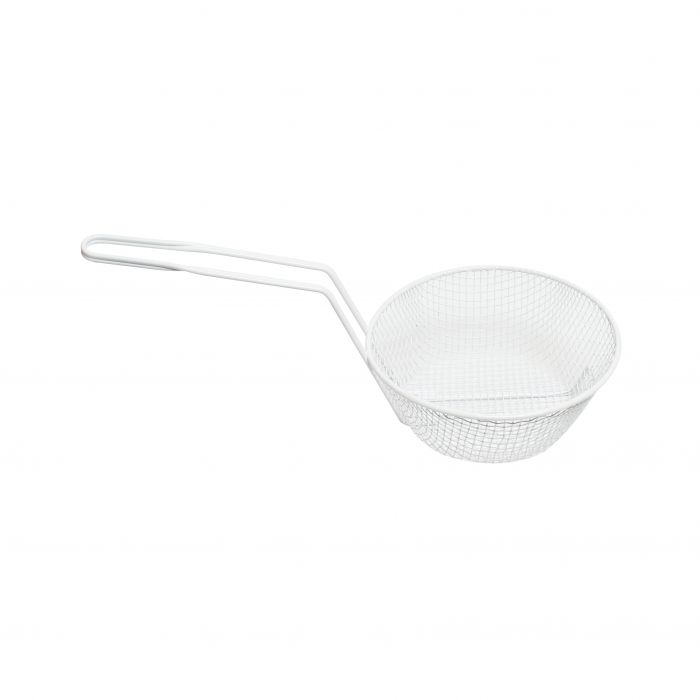 Thunder Group Round Medium Mesh Breading Basket is great for a wide range of tasks like preparing breaded food, sifting dry ingredients, and more. Designed with medium wire mesh, this basket is exceptionally durable and will retain its shape even with heavy use. Thanks to its white plastic coating, this piece prevents breading from sticking to the wires allowing for easy clean up.