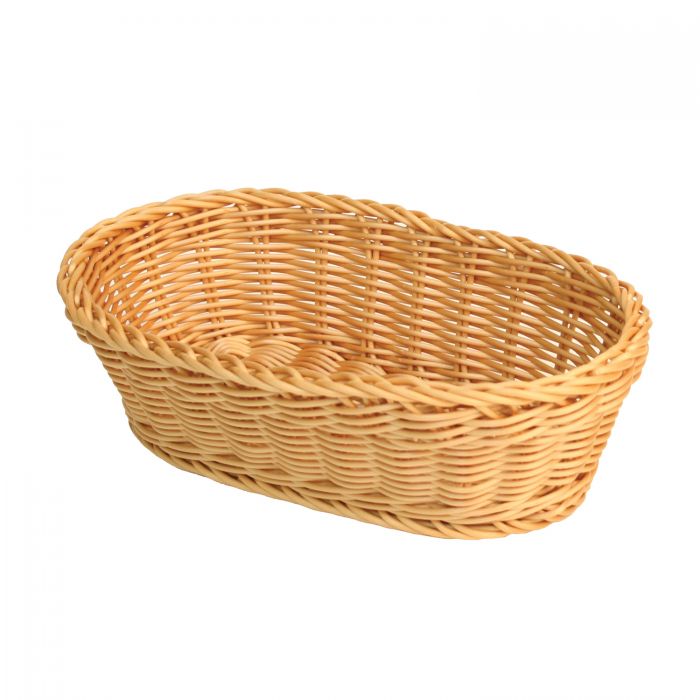 Thunder Group Oval Hand-Woven Basket is a functional and visually appealing addition to any food service or retail setting. Designed with a woven texture and a natural tan finish, this basket delivers both durability and charm. Measuring 11 inches in length, 7 inches in width, and 3.5 inches in height, it offers ample space for displaying baked goods, packaged items, or tabletop condiments. Its break-resistant plastic construction ensures long-lasting performance in high-traffic environments.