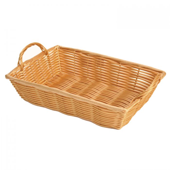 Thunder Group Hand-Woven Basket With Handle is a practical and durable solution for organizing items in various settings. Handwoven from break-resistant polypropylene, this basket is built to withstand frequent use while maintaining its structure and appearance. With a neutral tan color and stackable design, it blends seamlessly into diverse environments such as restaurants, hotels, retail spaces, and home interiors.