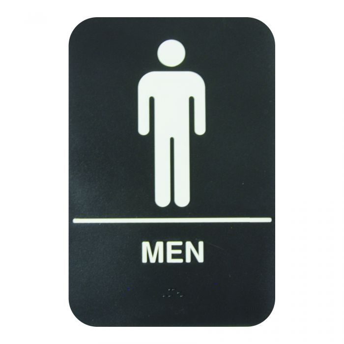 Thunder Group Information Sign with Braille effectively marks the location of the men's restroom to avoid confusion. Featuring white lettering on a black background and a graphic image, this information sign is highly visible and helps get your message across clearly. The sign features universal symbols and clear letters on anti-glare surfaces to give a professional, seamless look to any space.