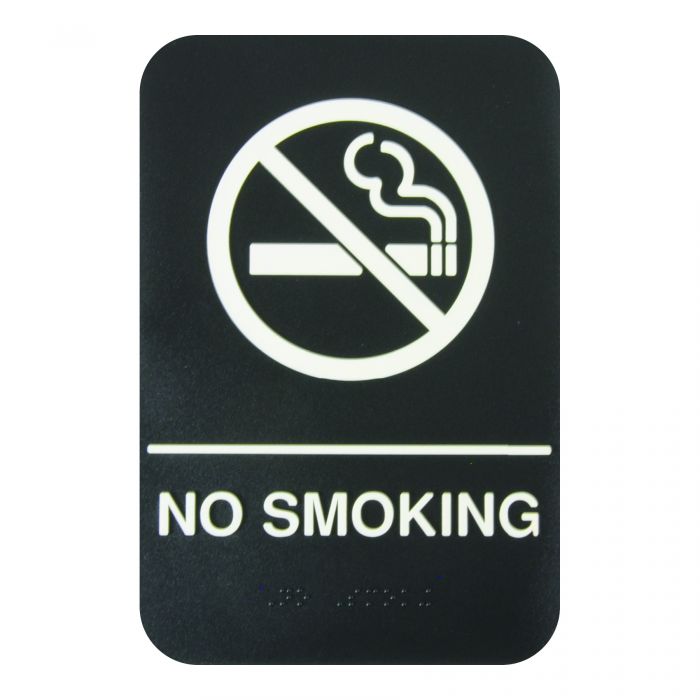 Thunder Group Information Sign with Braille is used to enforce no smoking regulations in your office and commercial establishment. Designed with bold, white lettering on a black background with a graphic image, this information sign is easy to see and helps get your message across even at a glance. The sign features universal symbols and clear letters on anti-glare surfaces to give a professional, seamless look to any space.