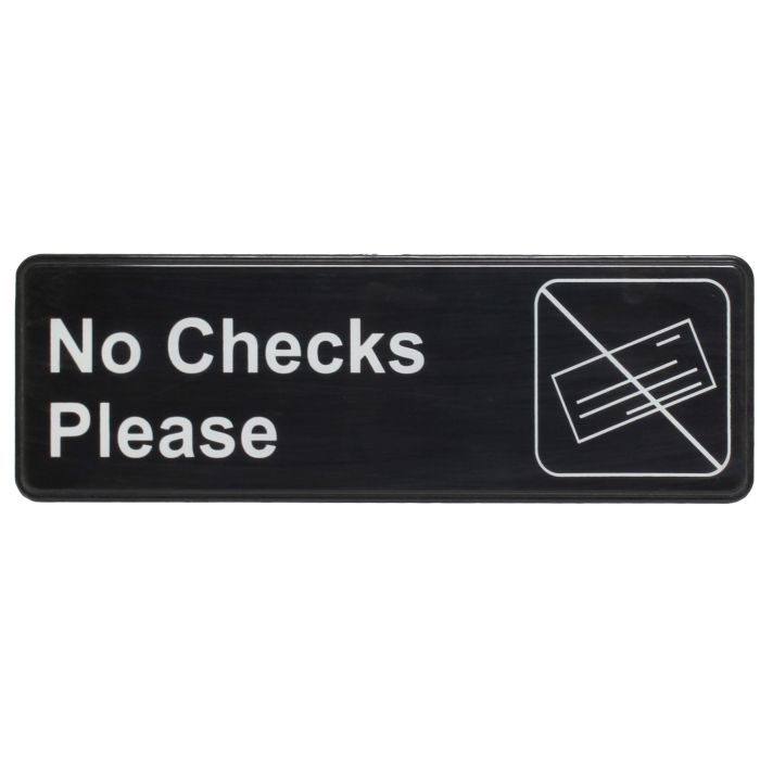 Thunder Group Information Sign with Symbol is used to properly inform customers of your preferred mode of payment. Featuring easy-to-read text on a black background and a clear graphic symbol, this information sign is a great addition to your shop or restaurant. For added convenience, this sign is constructed with a self-adhesive back for easy mounting.