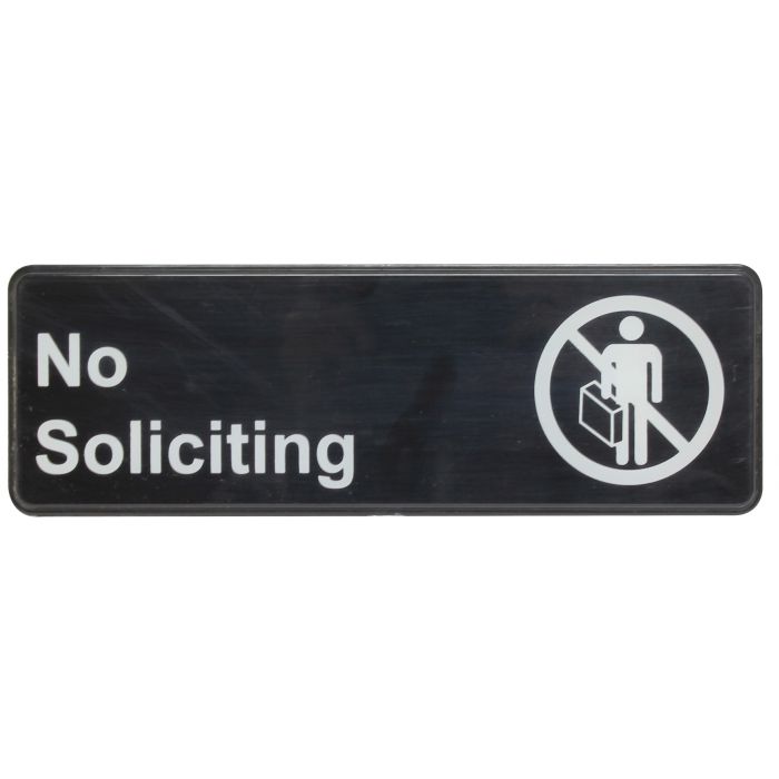 Thunder Group Information Sign with Symbol effectively indicates that no soliciting is allowed on the premises. Must-have in any office or commercial establishment. This highly visible information sign is designed with a graphic image and easy-to-read white lettering to get your message across clearly. Thanks to its self-adhesive back, mounting this sign takes minimal effort.