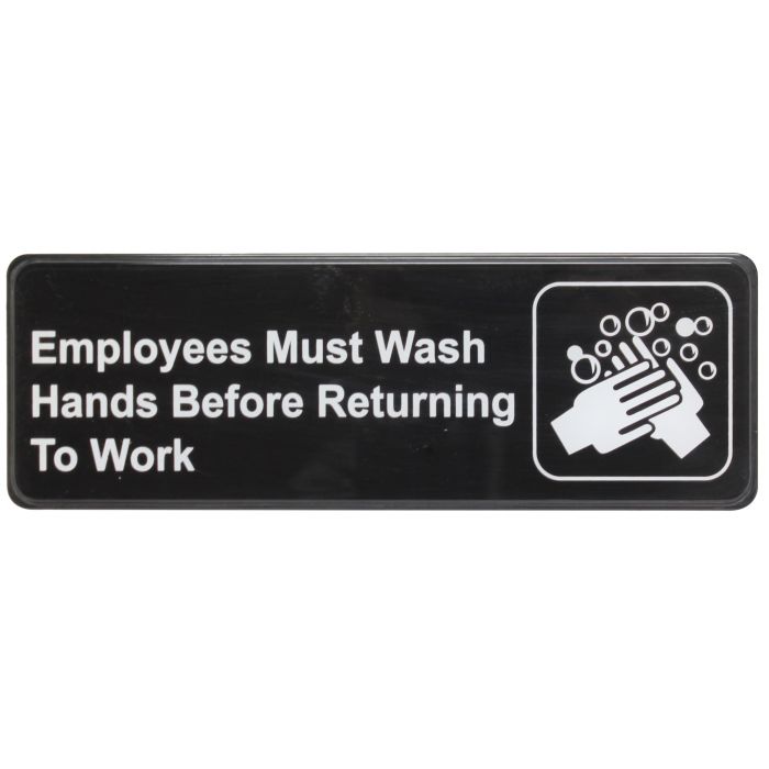Thunder Group Information Sign with Symbol is an efficient reminder for your employees to provide maximum sanitation. This "Employees Must Wash Hands" sign is rather compact yet noticeable, measuring 9x3 inches. It features classic black and white design, with big white letters imprinted on an unassuming black background. It is manufactured using durable plastic and does not require much time for mounting.