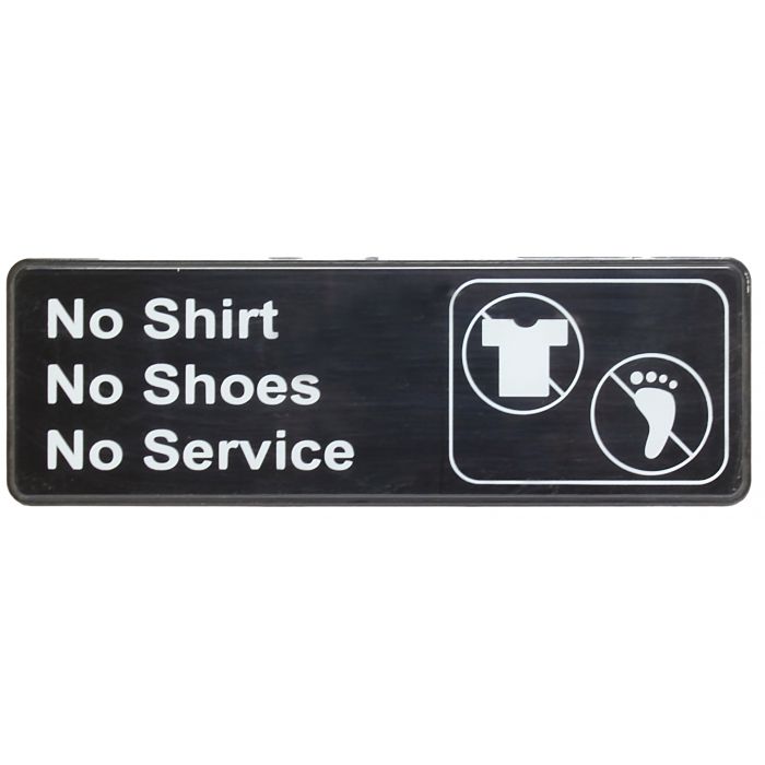 Thunder Group Information Sign with Symbol warns your customers that they must wear shoes and shirts to enter in your establishment. A sign like this helps you maintain a professional and clean work area that your customers will appreciate. The sign features universal symbols and clear letters on anti-glare surfaces to give a professional, seamless look to any space.
