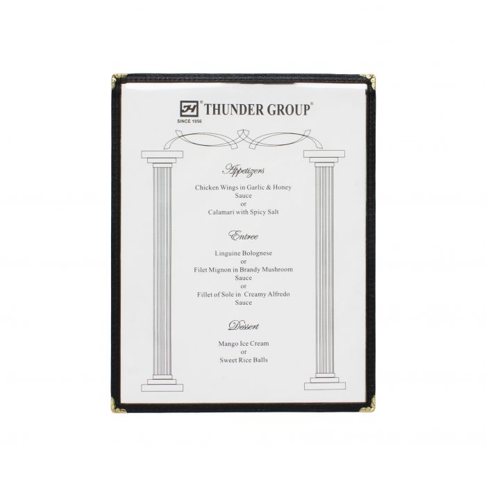 Thunder Group Single Menu Cover is a professional and durable solution for presenting menus in any dining setting. Measuring 8 1/2" x 11", this menu cover features a single pocket with two viewing panels, making it easy for guests to navigate food and drink options. Constructed from flexible plastic laminate, it offers excellent resistance to daily wear and tear while maintaining a clean, polished appearance.